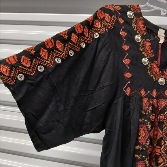 Anthropologie Raga Rala Bohemian Tunic Dress Small Black Embroidered Boho Hippie - Picture 7 of 12